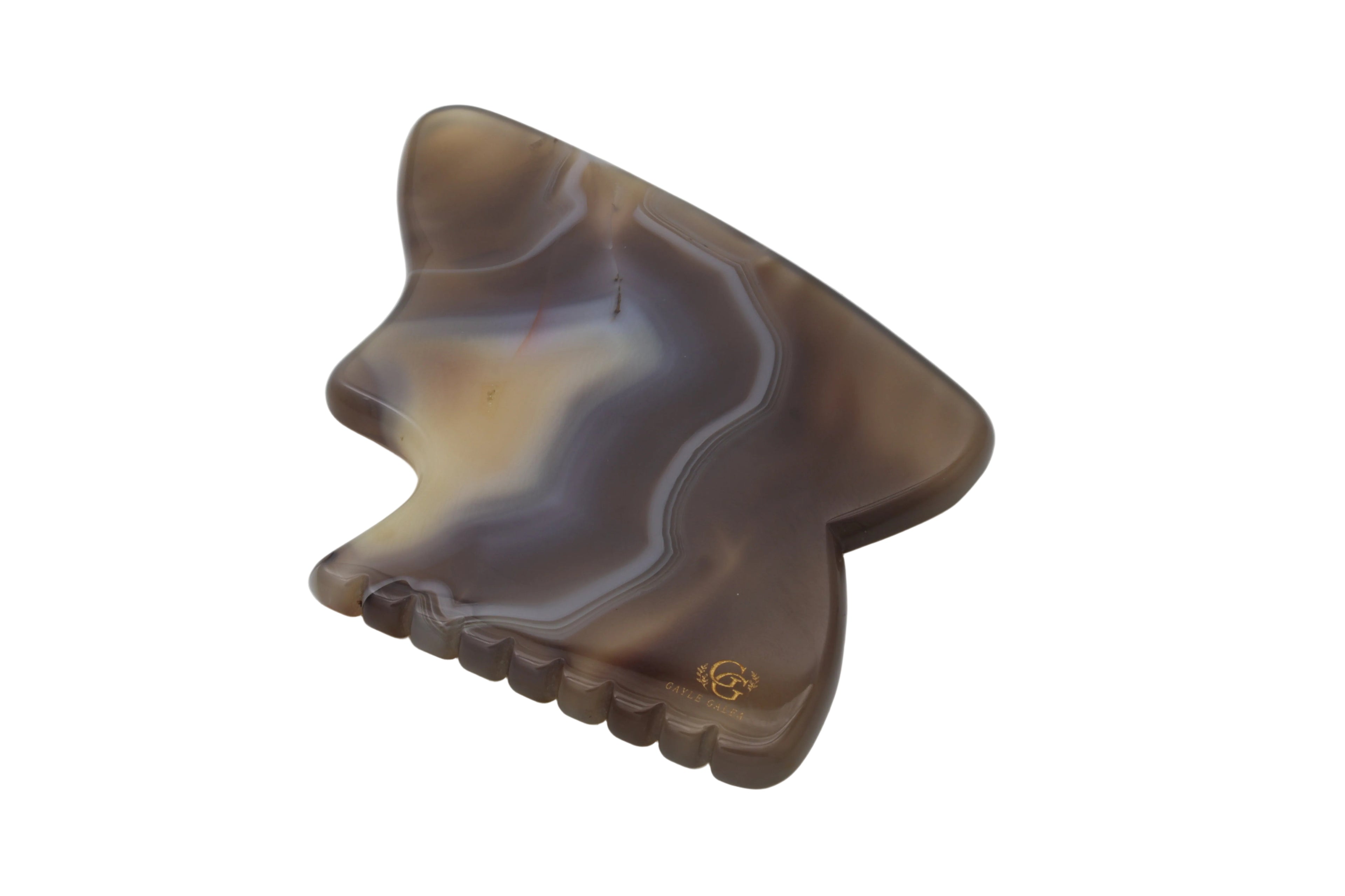 Royal Agate Gua Sha stone, a natural facial lifting and skin sculpting tool with elegant layered bands.