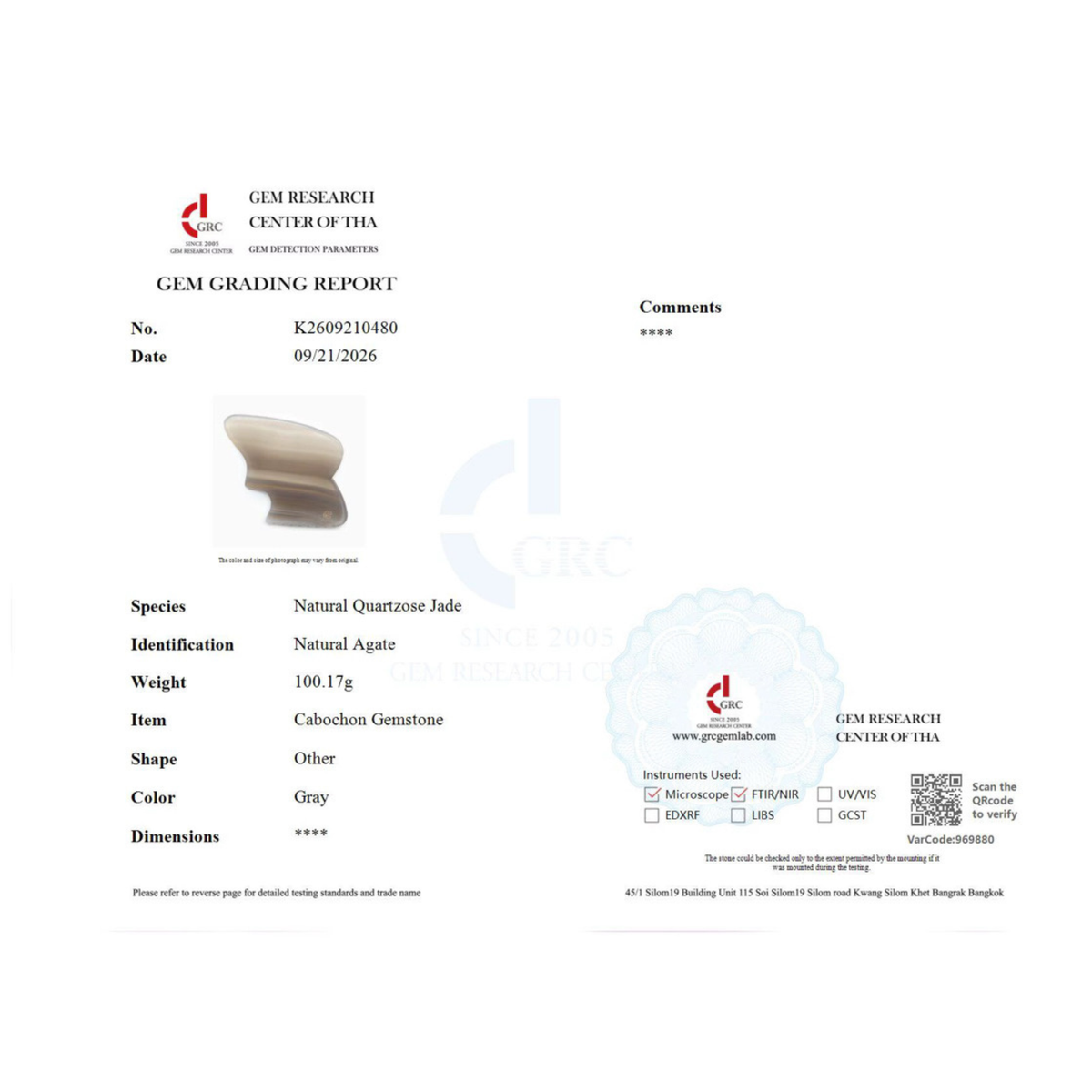 Natural gray agate gemstone grading certificate issued by Gem Research Center (GRC) in Bangkok, Thailand. The report identifies the stone as natural agate, weighing 100.17 grams, with a gray color and polished cabochon form.